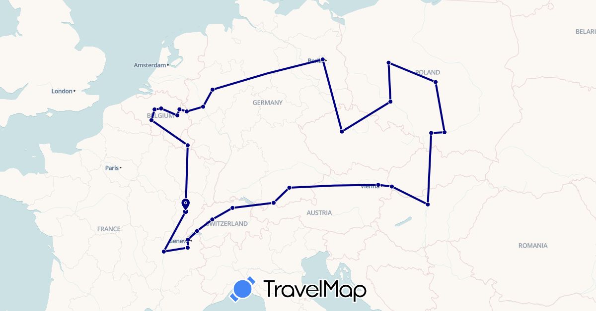TravelMap itinerary: driving in Austria, Belgium, Switzerland, Czech Republic, Germany, France, Hungary, Luxembourg, Netherlands, Poland, Slovakia (Europe)